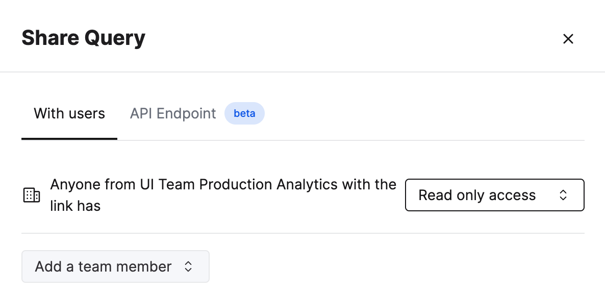 Ред�актор запросов ClickHouse Cloud с показом функции совместного доступа и вариантов прав