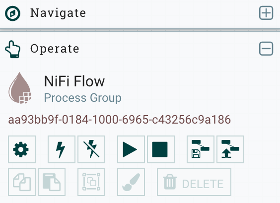 Стра�ница NiFi Flow Configuration с выделенной кнопкой с иконкой шестерёнки