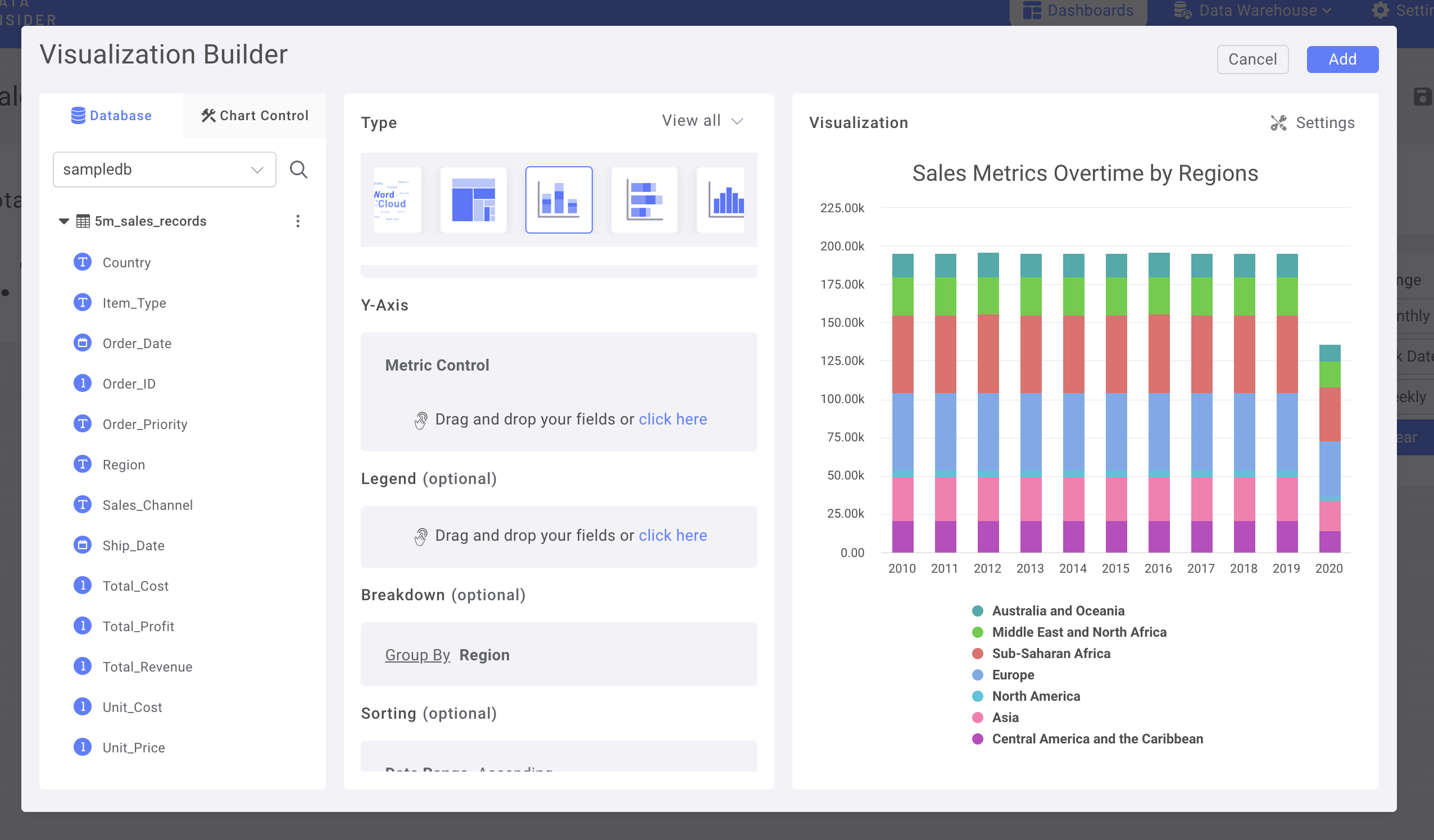 Колонка Region, до�бавляемая как измерение Breakdown в составной столбчатой диаграмме